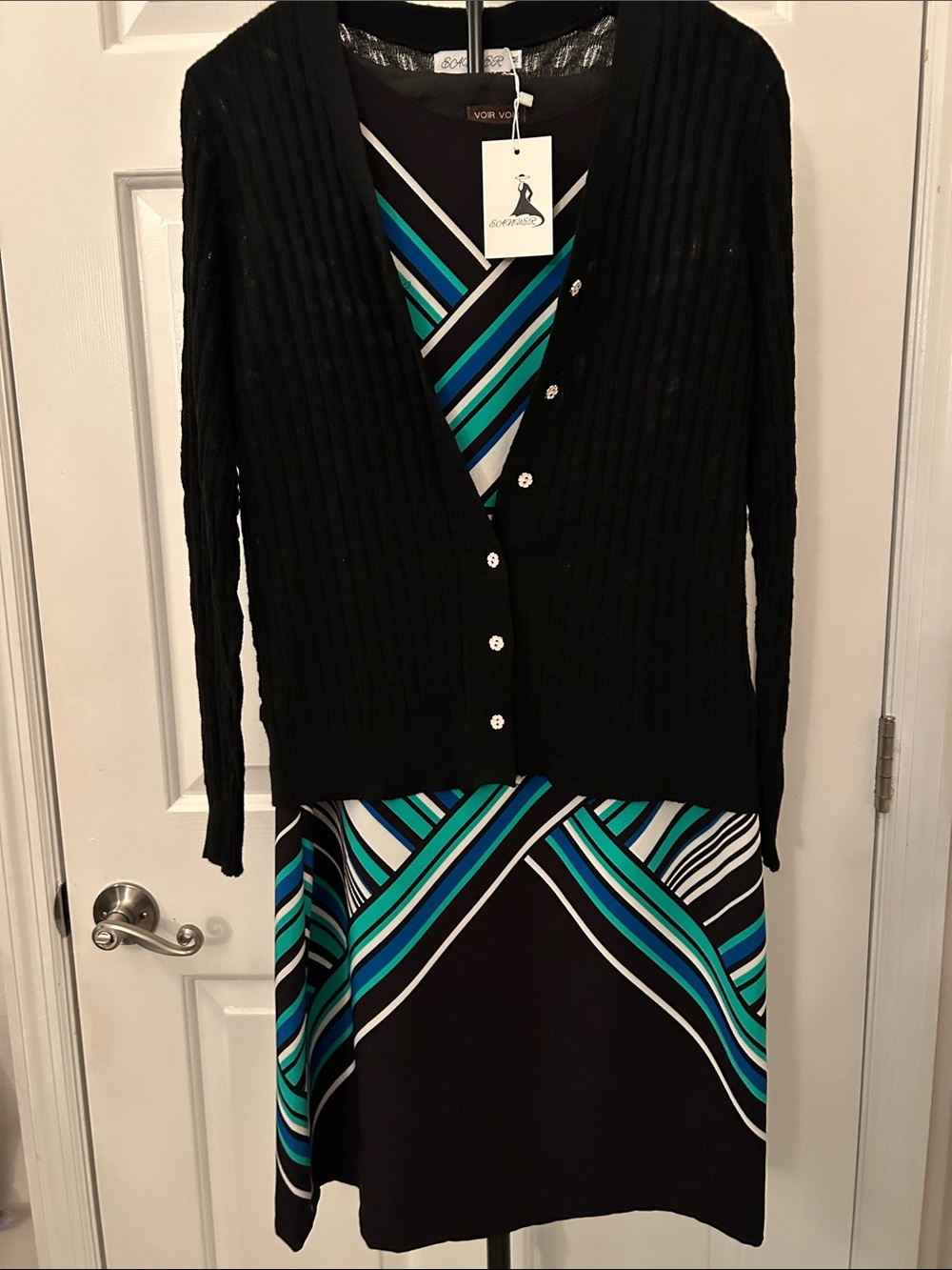 2 Items.  Voir Voir Black Dress 
Teal & Blue Accents  and  ECANAUER Sweater NWT